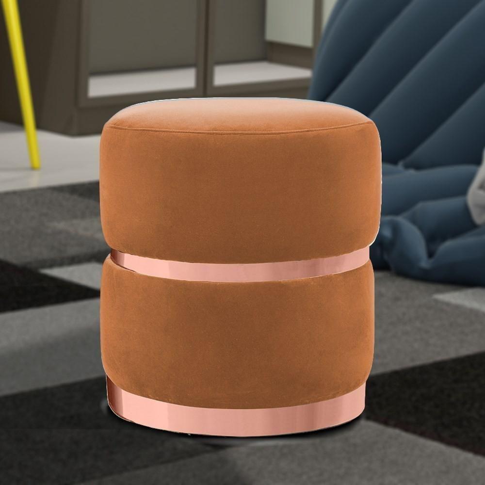 Kit 2 Puffs Decorativos Com Cinto E Aro Rosê Round C-262 Veludo Laranja - Domi - 2