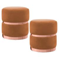 Kit 2 Puffs Decorativos Com Cinto E Aro Rosê Round C-262 Veludo Laranja - Domi - 1