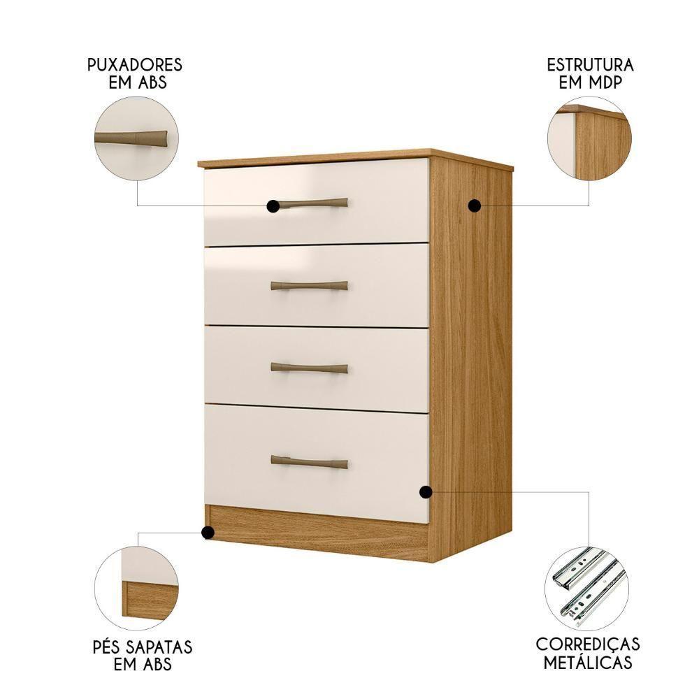 Cômoda Para Quarto 61cm Com 4 Gavetas Miriad Freijó/off Z17 - Mpozenato - 3