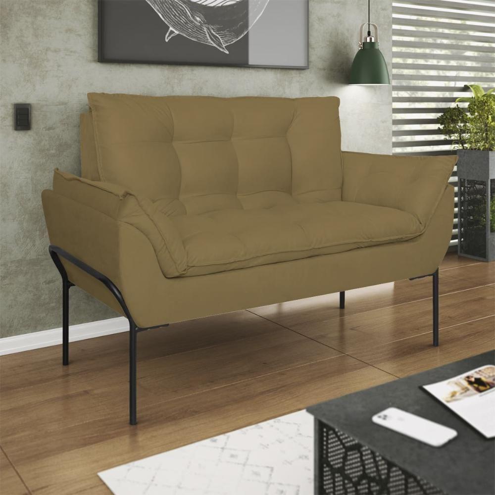 Sofá Namoradeira Base Metal Preta Reforçada Tecido Suede Capuccino - 1