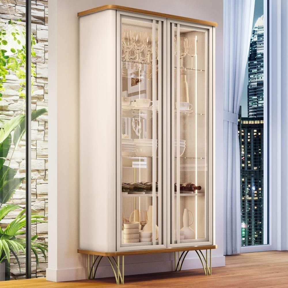 Cristaleira De Vidro Com Espelho E Led évora Off White/cinamomo - Hb Móveis - 1