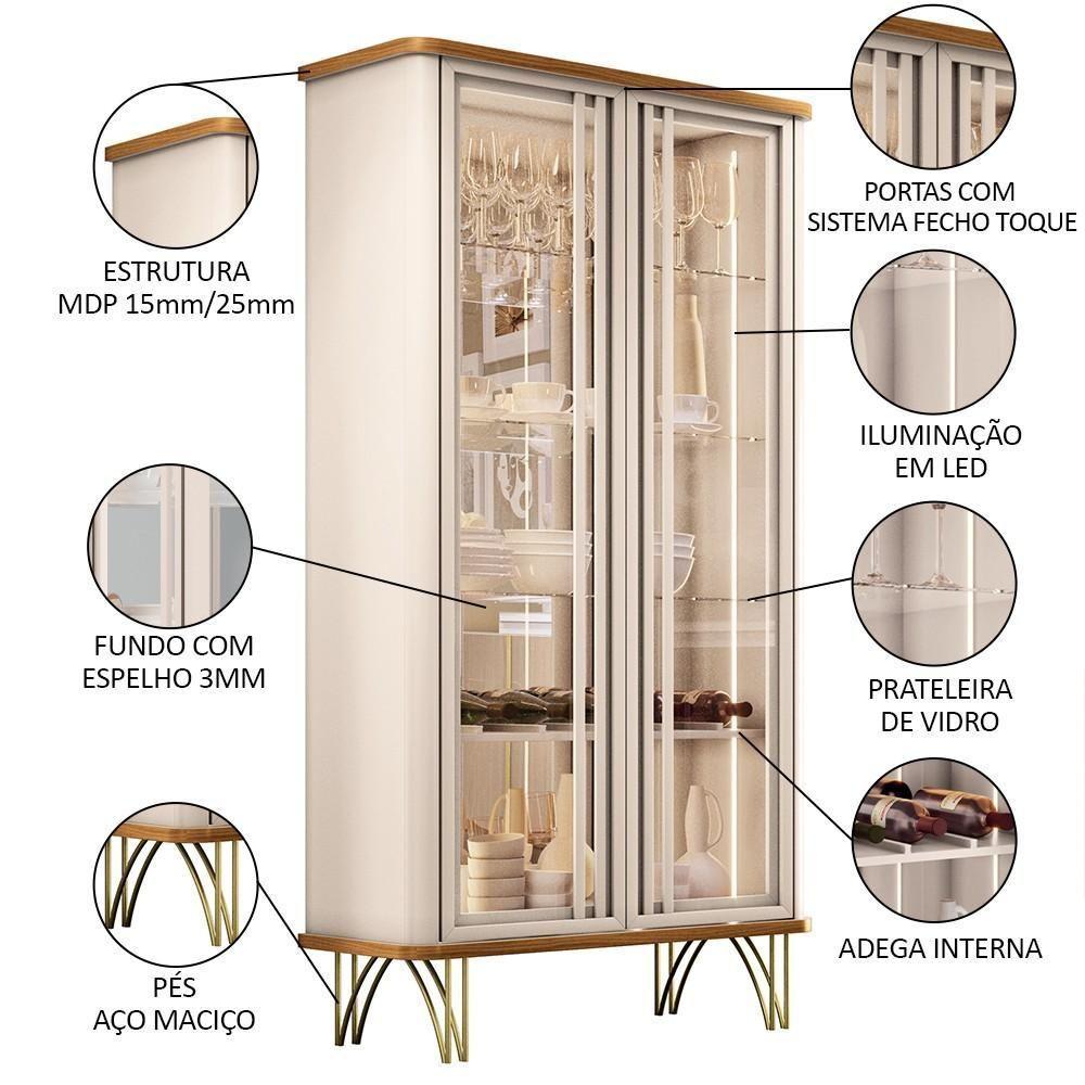 Cristaleira De Vidro Com Espelho E Led évora Off White/cinamomo - Hb Móveis - 3
