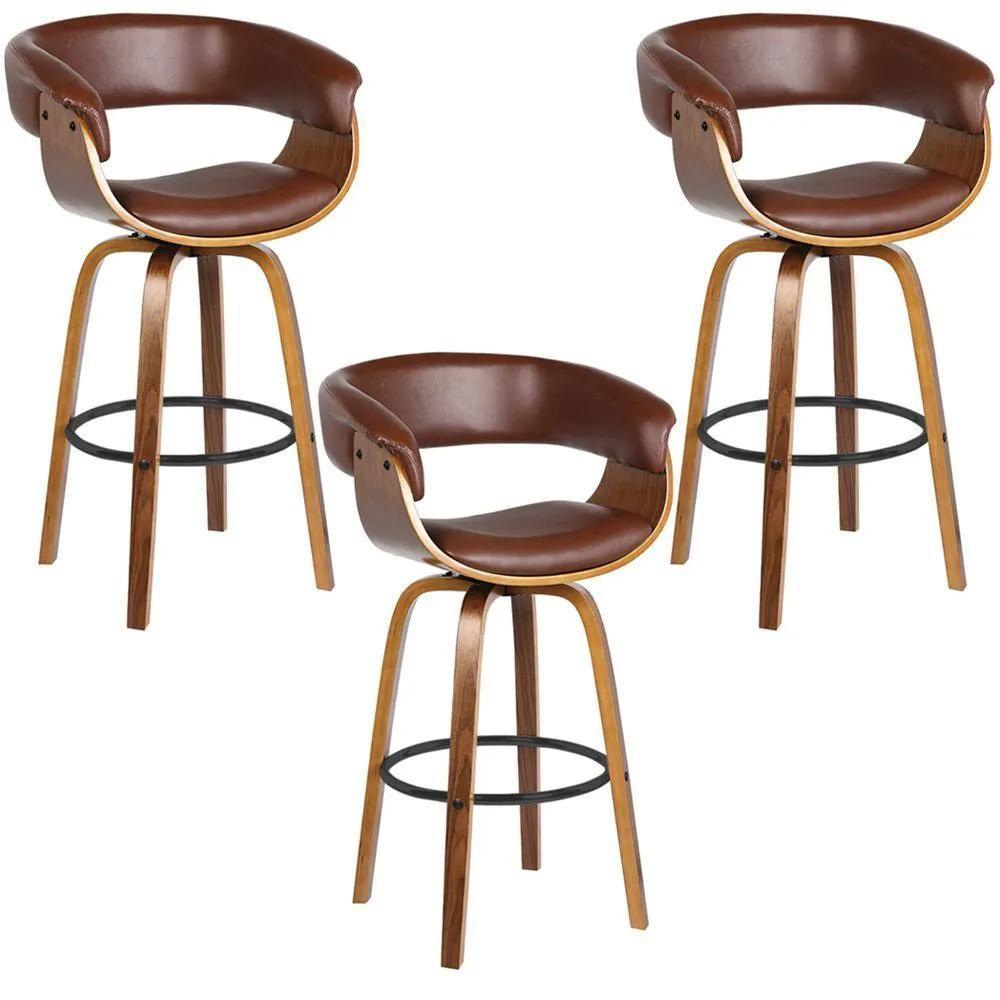 Kit 3 Banquetas Giratória Alta Com Encosto Base Madeira Ravi R02 Sintético Marrom - Mpozenato - 1