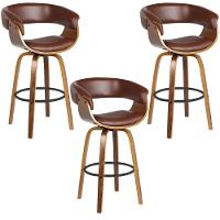 Kit 3 Banquetas Giratória Alta Com Encosto Base Madeira Ravi R02 Sintético Marrom - Mpozenato - 1