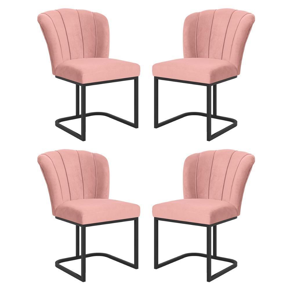 Kit 4 Cadeiras Jantar Flor Mesa Cozinha Reforçada Base Metal Preta Rosa - 1