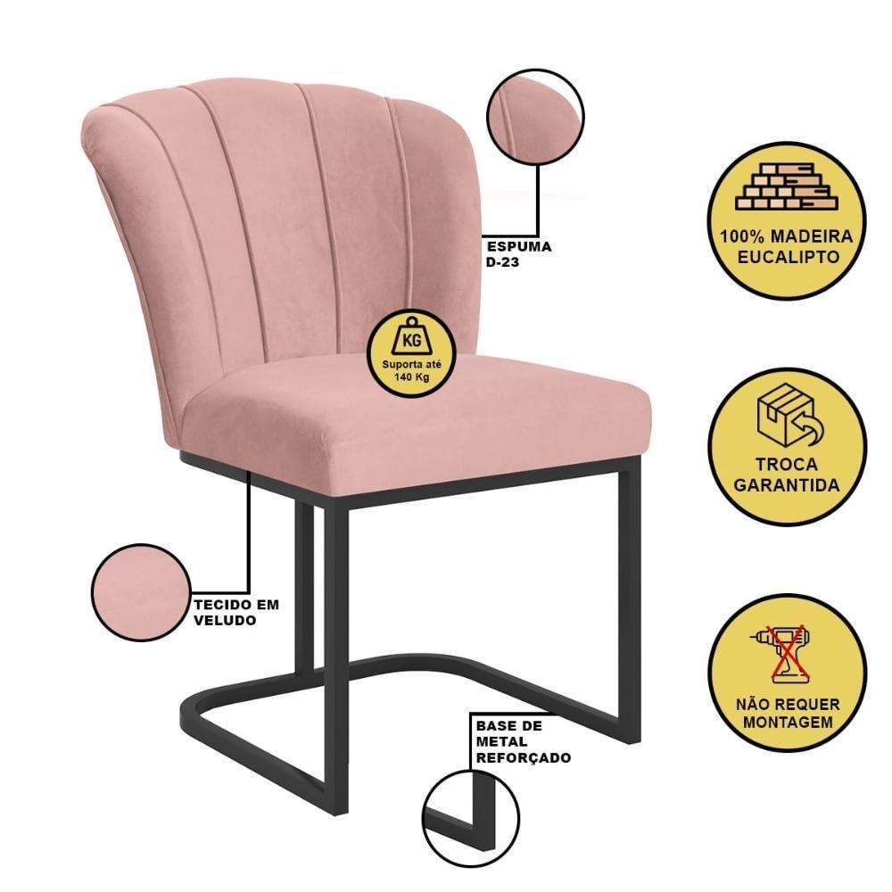 Kit 4 Cadeiras Jantar Flor Mesa Cozinha Reforçada Base Metal Preta Rosa - 3