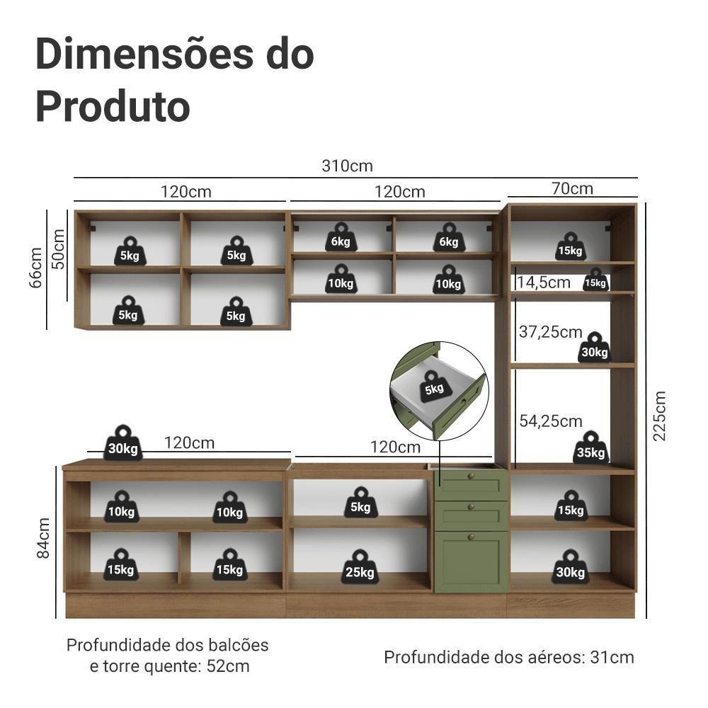 Armário De Cozinha Completa 310 Cm Vik Madesa 01 Rustic/verde - 3