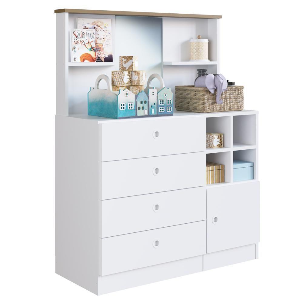 Cômoda Infantil 1 Porta 4 Gavetas Com Espelho House A05 Branco - Mpozenato - 1