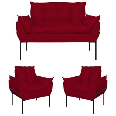 Kit 02 Poltronas + Namoradeira Reforçada Opala Metal Preto Vermelho