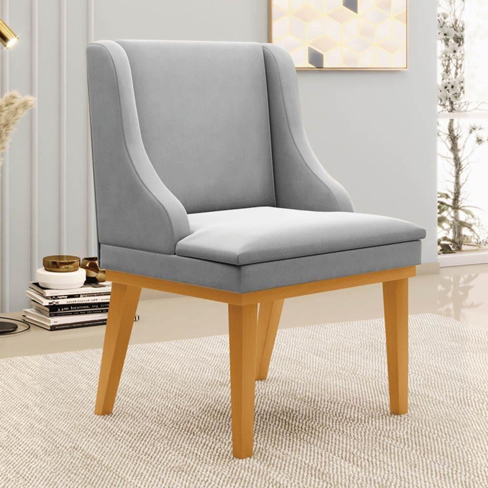 Kit 6 Cadeiras Estofadas Para Sala De Jantar Base Fixa De Madeira Castanho Lia Suede Cinza - Ibiza - 2