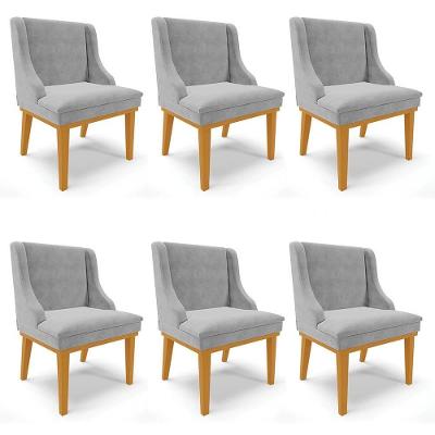 Kit 6 Cadeiras Estofadas Para Sala De Jantar Base Fixa De Madeira Castanho Lia Suede Cinza - Ibiza