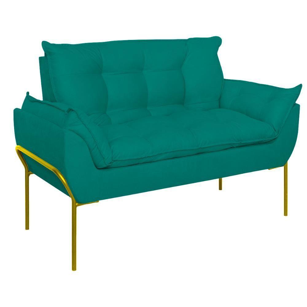 Sofá Namoradeira Base Metal Dourada Reforçada Tecido Suede Azul Turquesa - 4