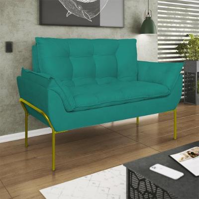 Sofá Namoradeira Base Metal Dourada Reforçada Tecido Suede Azul Turquesa
