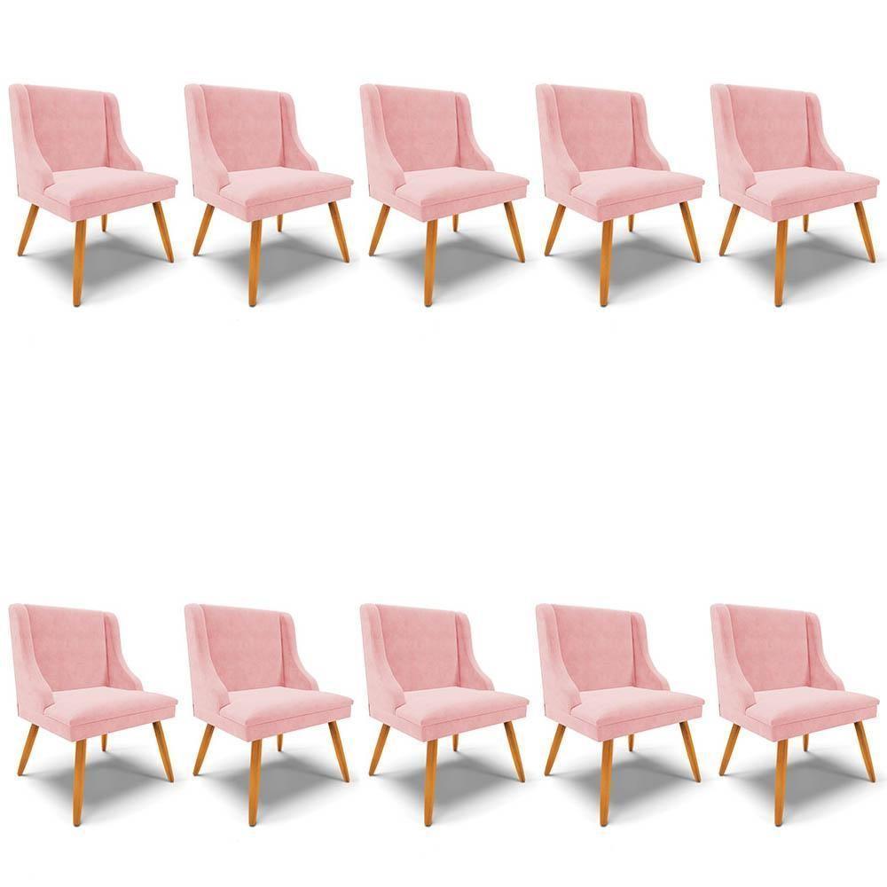 Kit 10 Cadeiras Estofadas Para Sala De Jantar Pés Palito Lia Suede Rosa Bebê - Ibiza - 1