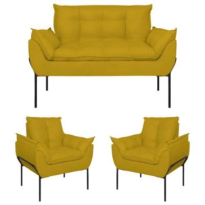 Kit 02 Poltronas + Namoradeira Reforçada Opala Metal Preto Amarelo