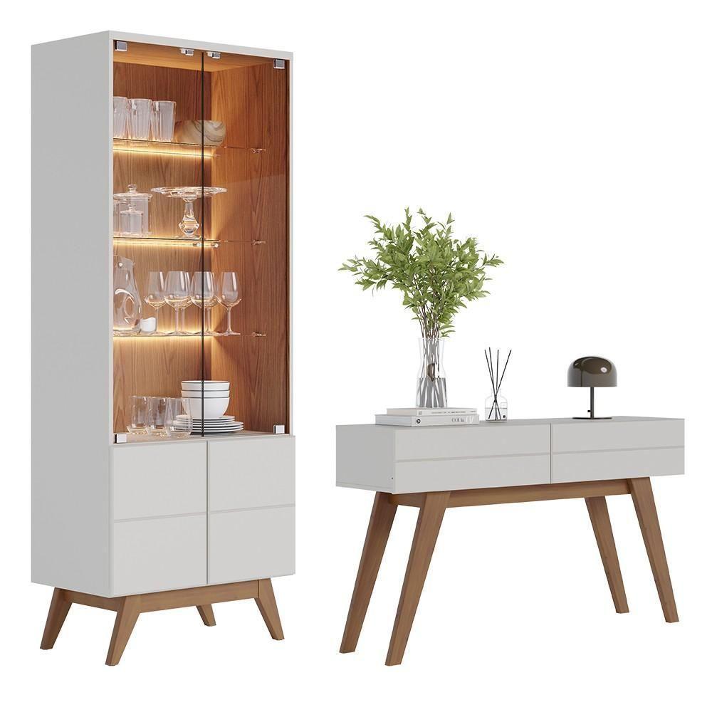 Cristaleira Com Portas De Vidro E Aparador Rebeca C05 Off White/freijó - Mpozenato - 1