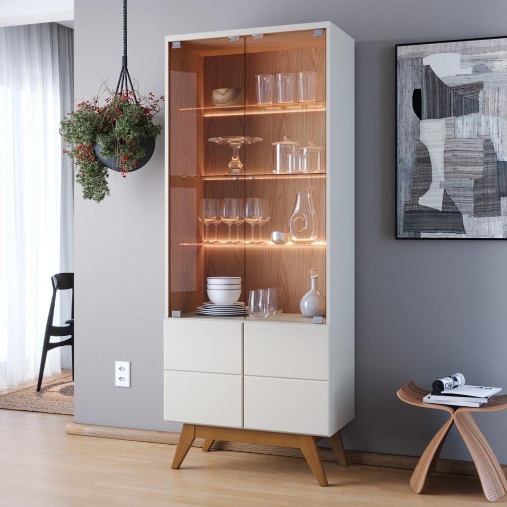 Cristaleira Com Portas De Vidro E Aparador Rebeca C05 Off White/freijó - Mpozenato - 2