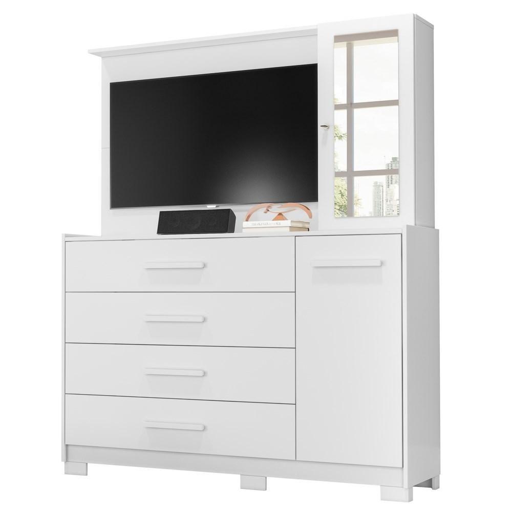 Cômoda Sapateira Com Painel Para Tv 4 Gavetas Azaléia A02 Branco Fosco - Mpozenato - 1