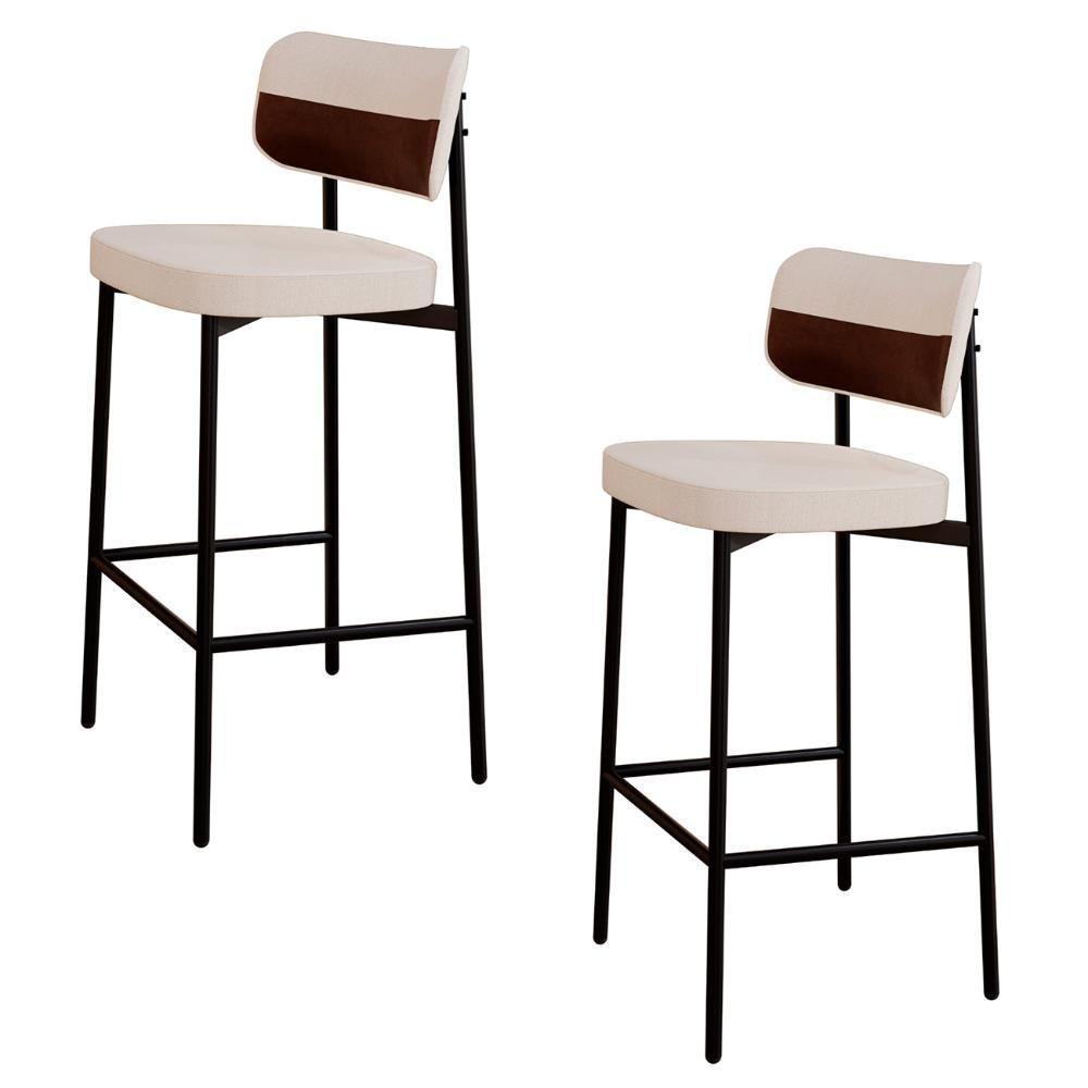 Banqueta Alta Bar Estofada Kit 2 Ella M25 Linho Palha/marrom - Mpozenato - 1