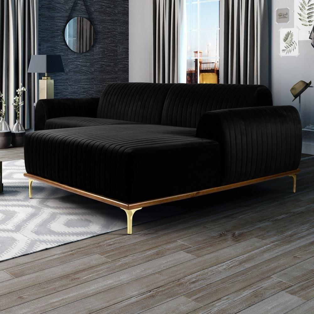 Sofá 255cm 4 Lugares Com Chaise Direito Pés Gold Molino C-300 Veludo Preto - Domi - 2