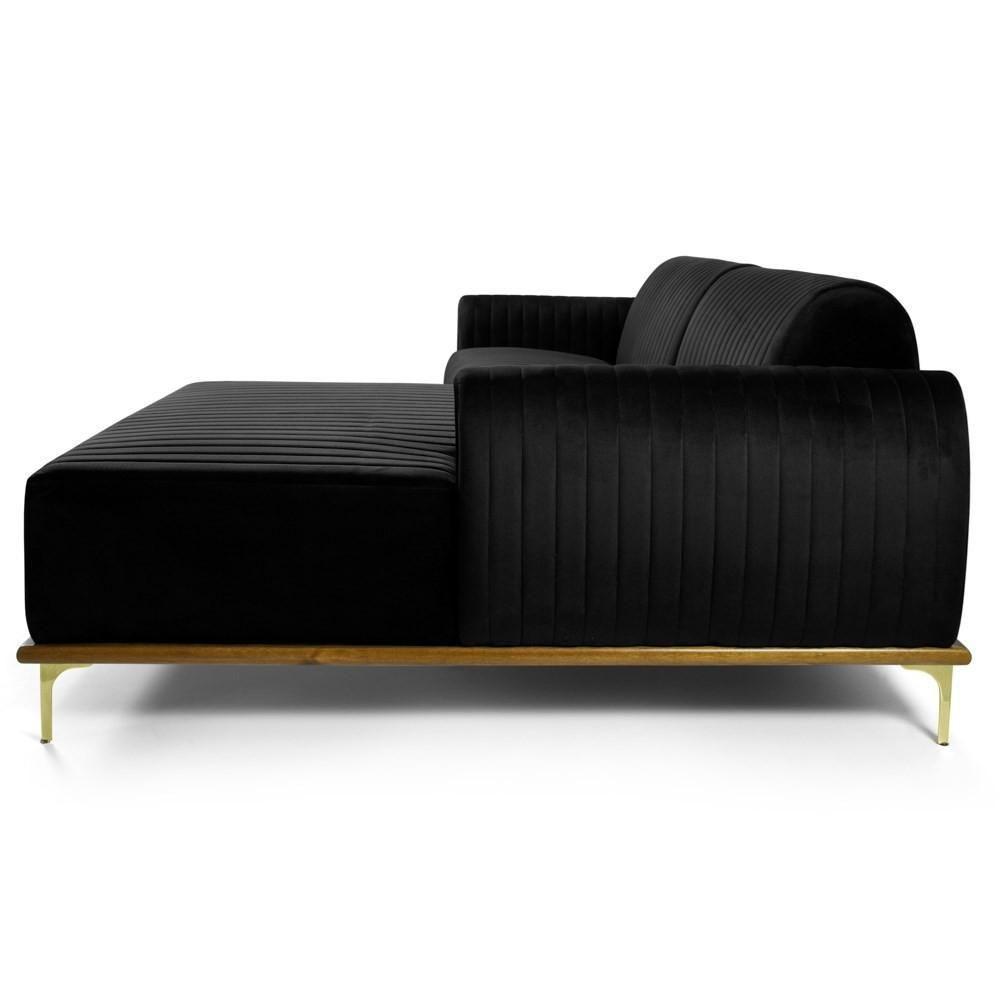 Sofá 255cm 4 Lugares Com Chaise Direito Pés Gold Molino C-300 Veludo Preto - Domi - 6