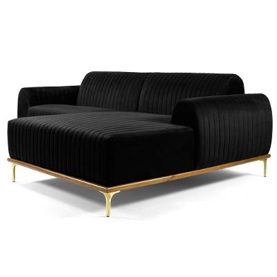 Sofá 255cm 4 Lugares Com Chaise Direito Pés Gold Molino C-300 Veludo Preto - Domi