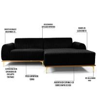 Sofá 255cm 4 Lugares Com Chaise Direito Pés Gold Molino C-300 Veludo Preto - Domi - 3
