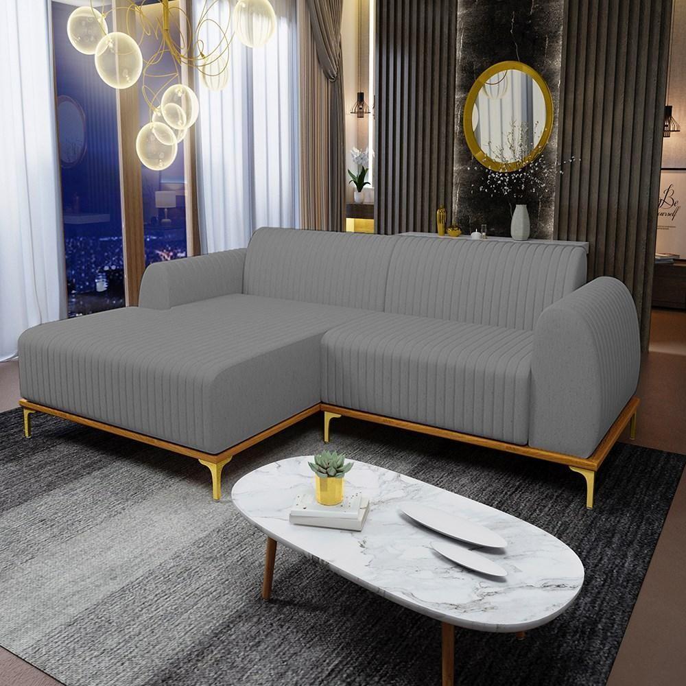 Sofá 230cm 4 Lugares Com Chaise Esquerdo Pés Gold Molino C-416 Linho Cinza Escuro - Domi - 2
