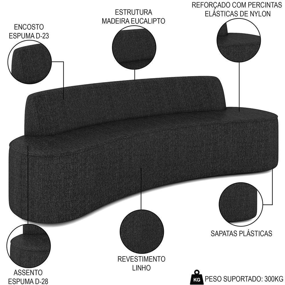 Sofá 3 Lugares Para Sala De Estar Living 210cm Koane D06 Linho Preto - Mpozenato - 3