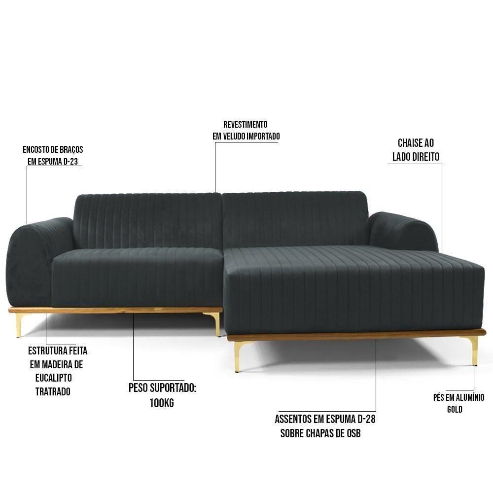 Sofá 350cm 6 Lugares Com Chaise Direito Pés Gold Molino C-317 Veludo Cinza - Domi - 5
