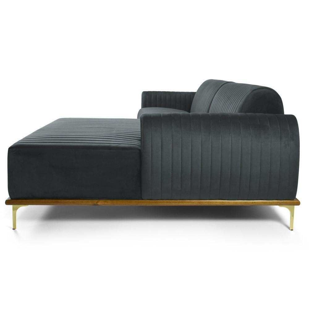 Sofá 350cm 6 Lugares Com Chaise Direito Pés Gold Molino C-317 Veludo Cinza - Domi - 6