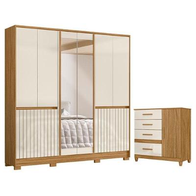 Guarda Roupa Casal e Cômoda Alasca Vênus 10 Portas 4 Gavetas MDP Freijó Off White