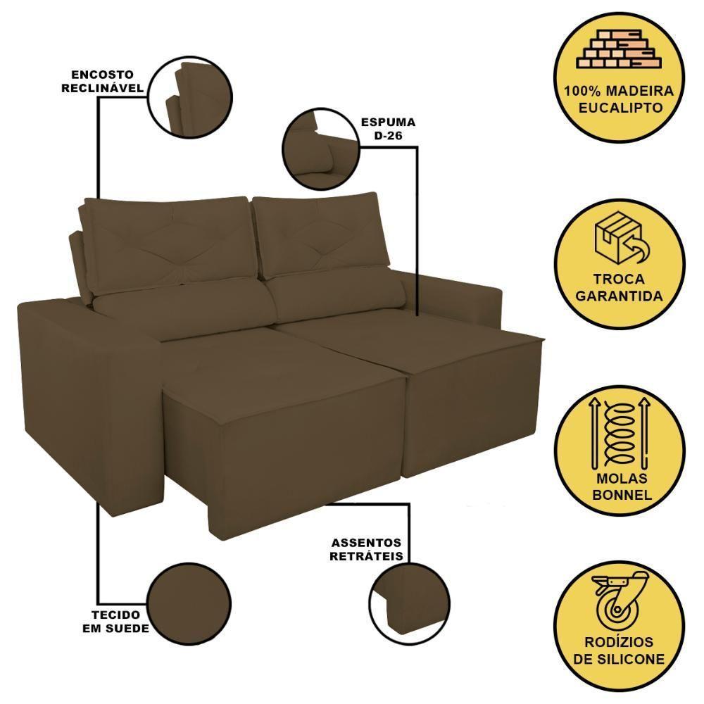 Sofá Reclinável Retrátil 3 Lugares Luxo C- Molas Balaqui Marrom - 5