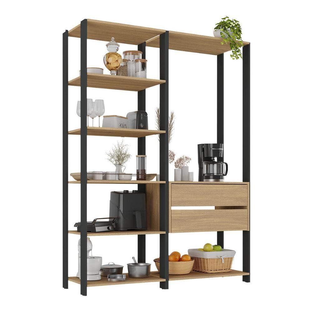 Armário De Cozinha Modulada Compacta 135cm 2 Peças Com 2 Gavetas Multimóveis Mp2284 Preto/madeirado - 2