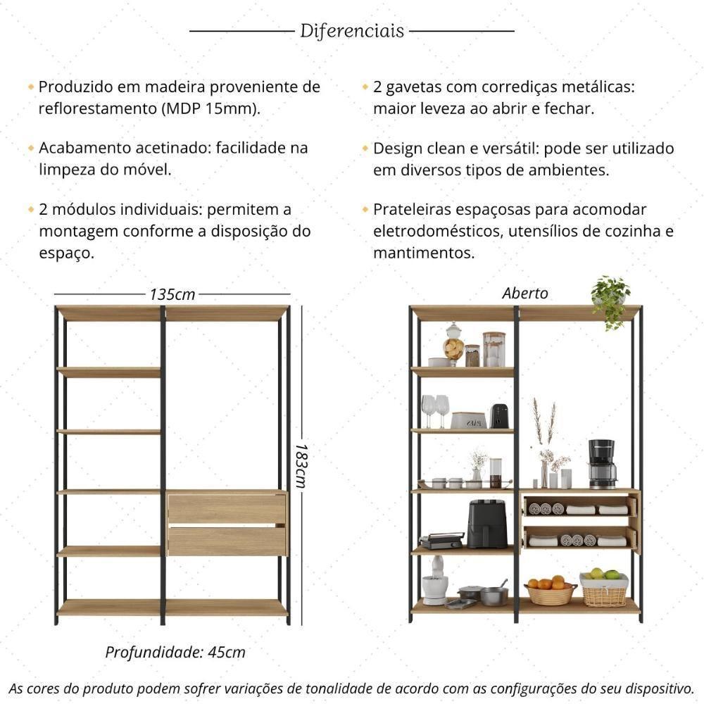 Armário De Cozinha Modulada Compacta 135cm 2 Peças Com 2 Gavetas Multimóveis Mp2284 Preto/madeirado - 3