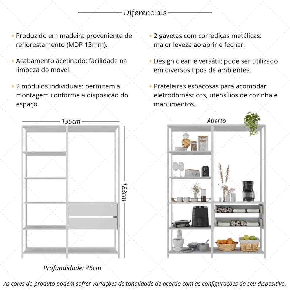 Armário De Cozinha Modulada Compacta 135cm 2 Peças Com 2 Gavetas Multimóveis Mp2284 Branco - 3