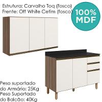 Armario Aereo Balcao Tampo 120cm Mdf Kali Nicioli Carvalho Toq Off White Cetim