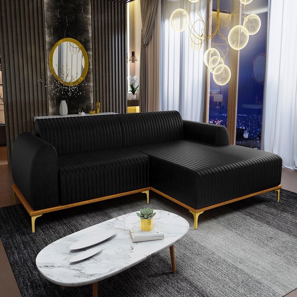 Sofá 230cm 4 Lugares Com Chaise Direito Pés Gold Molino B-159 Corano Preto - Domi - 2