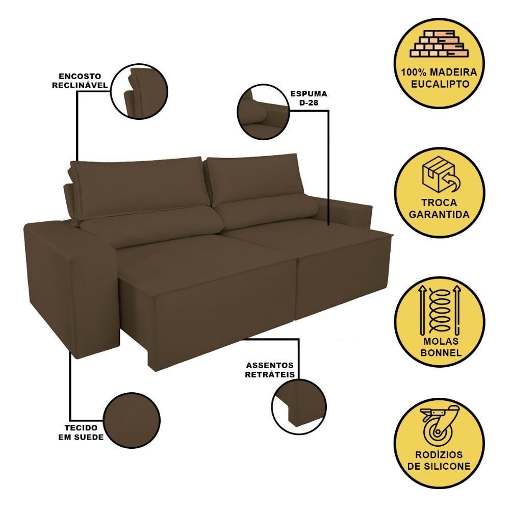 Sofá Reclinável Retrátil 3 Lugares Com Molas Balaqui Decor Marrom - 5