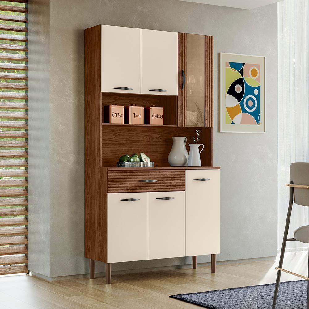 Kit Cozinha 6 portas 1 gaveta 91 Cm Golden Ktp Nogueira Off White Cp Ripado - 10