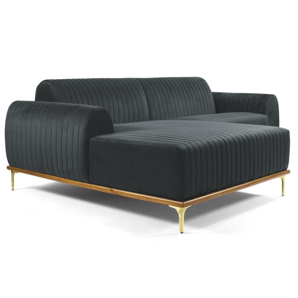 Sofá 255cm 4 Lugares Com Chaise Esquerdo Pés Gold Molino C-317 Veludo Cinza - Domi - 1