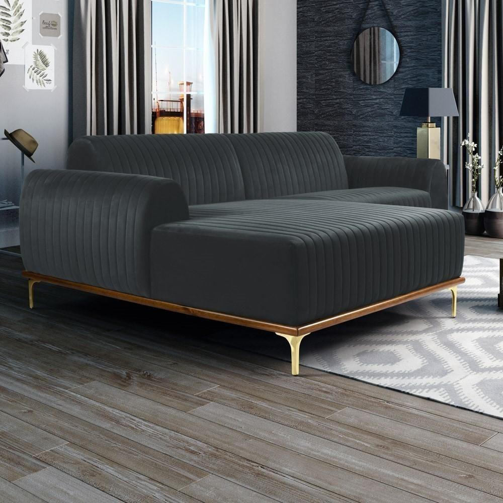 Sofá 255cm 4 Lugares Com Chaise Esquerdo Pés Gold Molino C-317 Veludo Cinza - Domi - 2