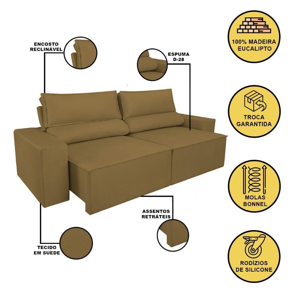 Sofá Reclinável Retrátil 3 Lugares Com Molas Balaqui Decor Capuccino - 3