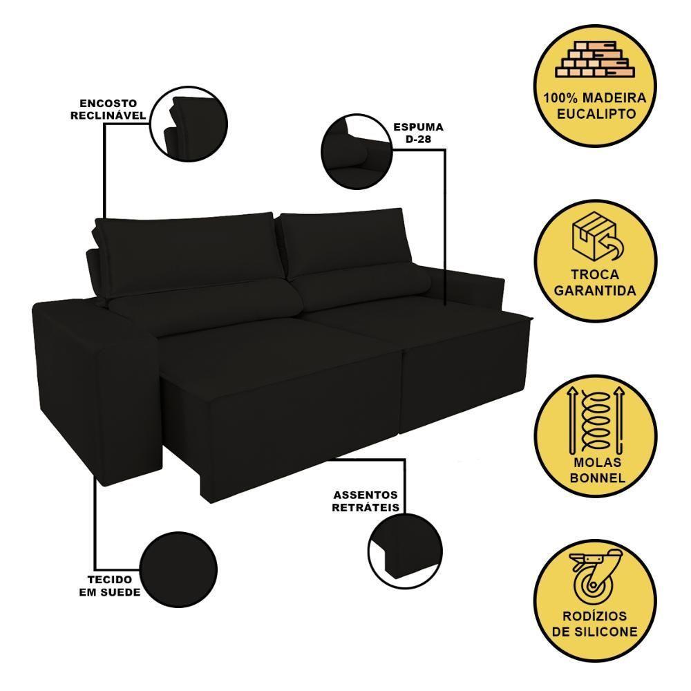 Sofá Reclinável Retrátil 2 Lugares Com Molas Balaqui Decor Preto - 3
