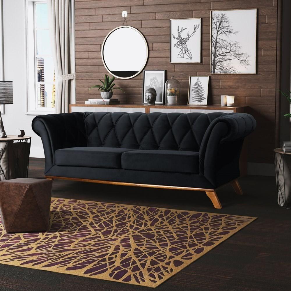 Sofá 230cm 3 Lugares Base Madeira Império C-300 Veludo Preto - Domi - 2