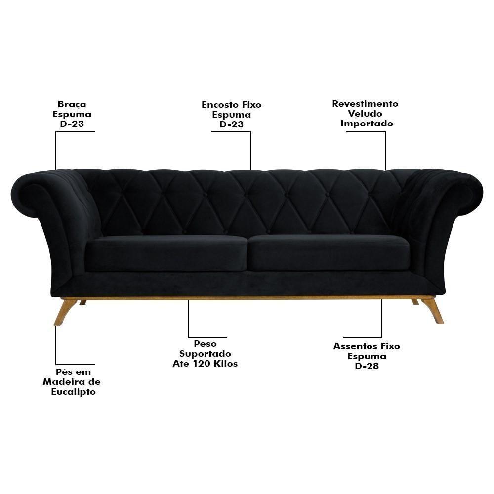 Sofá 230cm 3 Lugares Base Madeira Império C-300 Veludo Preto - Domi - 3