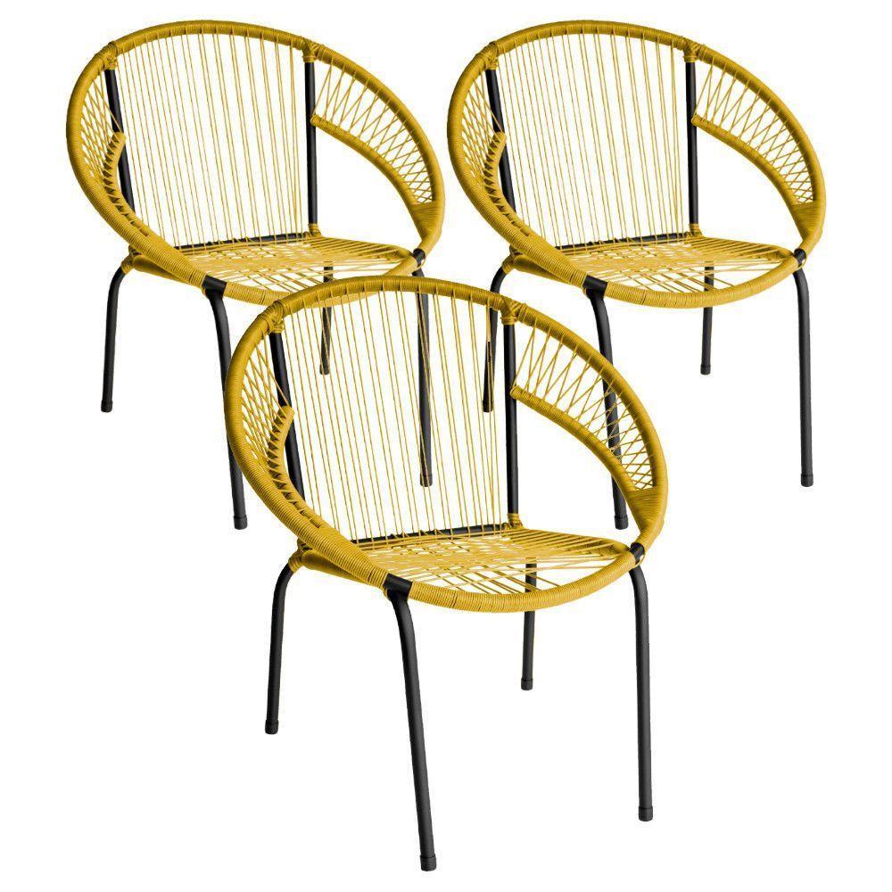 Kit 3 Cadeira De Área Eclipse Tramado Fibra Sintética E Aço Amarelo - 1