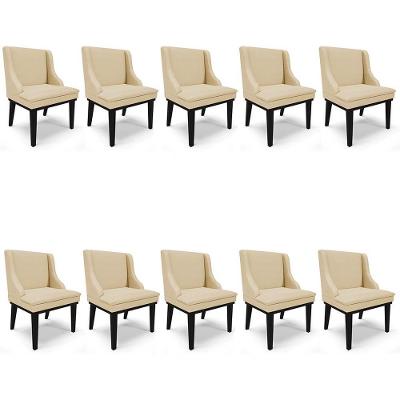 Kit 10 Cadeiras Estofadas Para Sala De Jantar Base Fixa De Madeira Preto Lia Veludo Luxo Off White - Ibiza