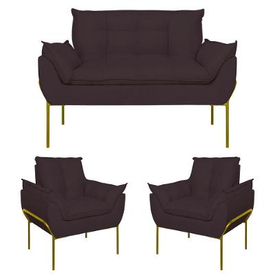 Kit 02 Poltronas + Namoradeira Reforçada Opala Metal Dourado Cinza