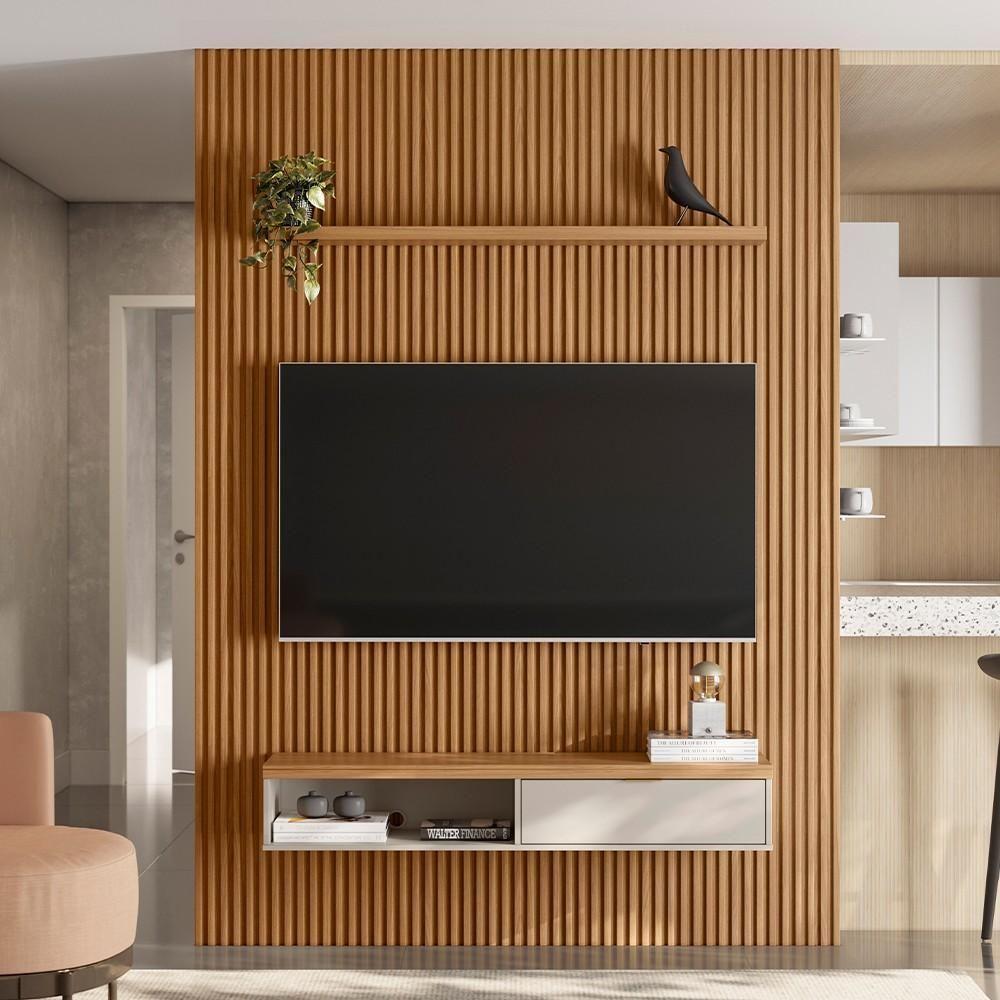 Painel Ripado Para Tv 75 Pol. Com Bancada 180cm Prime Plus L06 Nature/off White - Mpozenato - 2